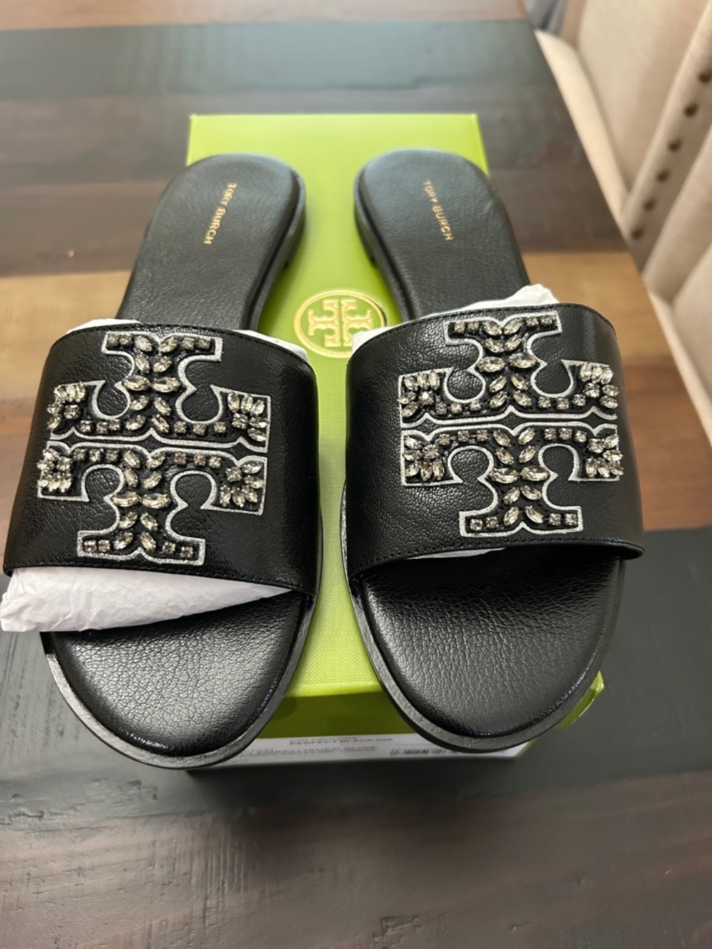 Tory Burch Black Crystal-Embellished Logo Slide Sandals
